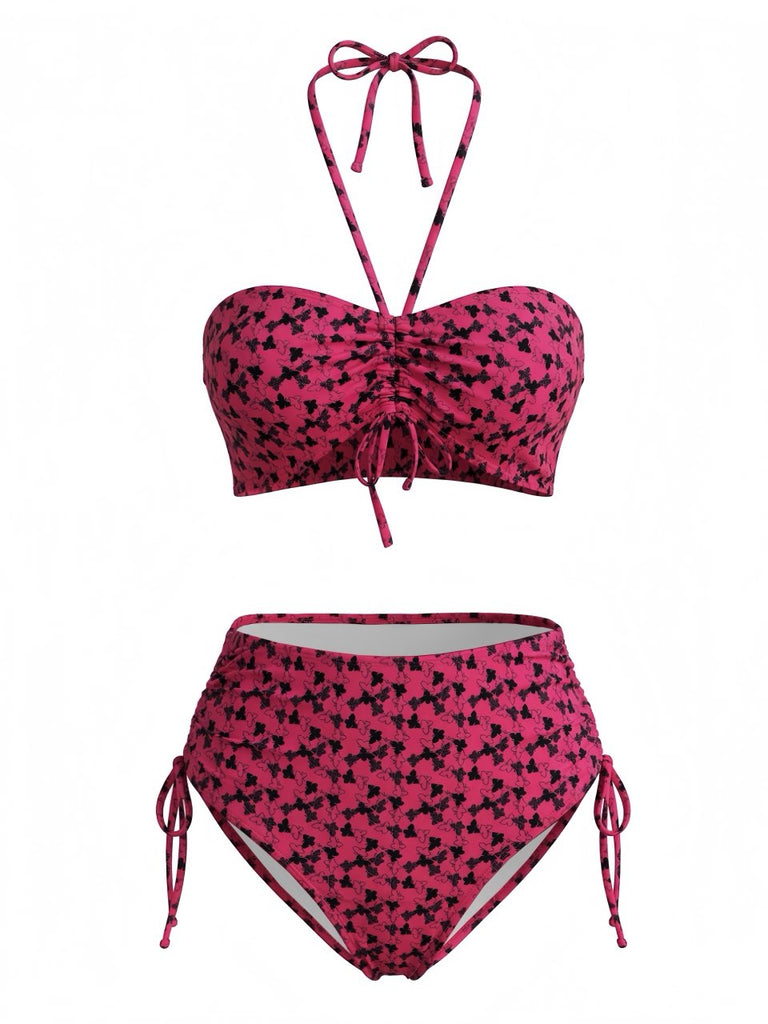 Rosenrotes 40er Bikini-Set mit Neckholder und Schmetterling
