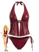 Rotes 40er Leder-Tankini-Set mit Neckholder und Hülse