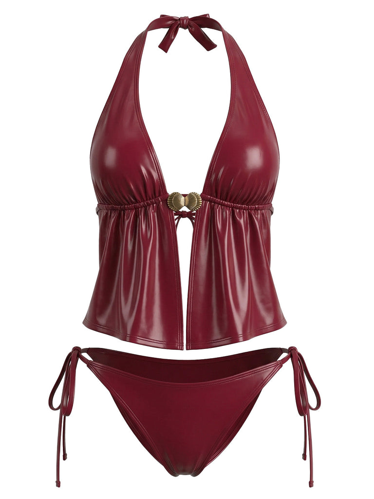 Rotes 40er Leder-Tankini-Set mit Neckholder und Hülse