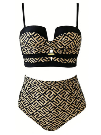 Schwarzes & Goldes 50er Bikini-Set mit Print und Geometrisch