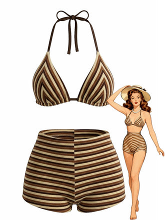 Braun 1950er Streifen Frottee Halter Bikini Set
