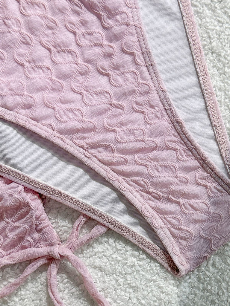 3-teiliges Rosa 1950er Halter-Plissiertes Twist Bikini-Set & Überwurf