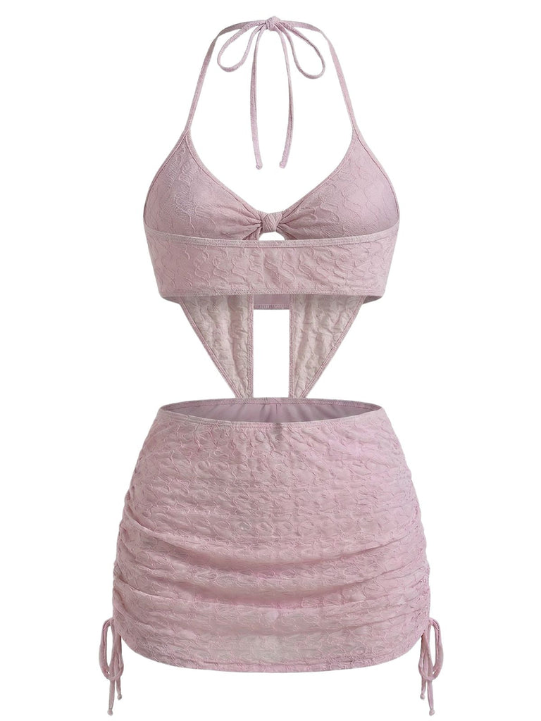 3-teiliges Rosa 1950er Halter-Plissiertes Twist Bikini-Set & Überwurf