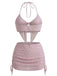 3-teiliges Rosa 1950er Halter-Plissiertes Twist Bikini-Set & Überwurf