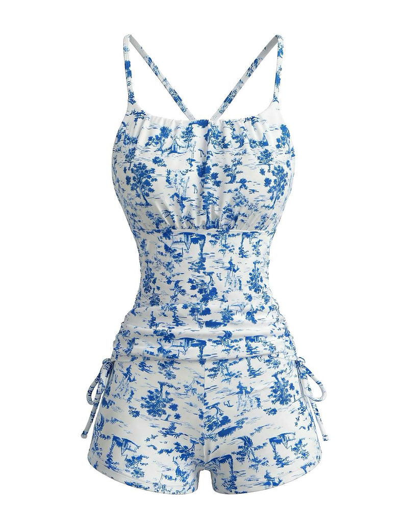 Blauer 50er Tankini & Shorts mit Plissee und hoher Taille