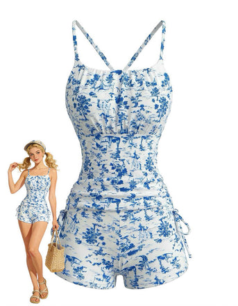 Blauer 50er Tankini & Shorts mit Plissee und hoher Taille