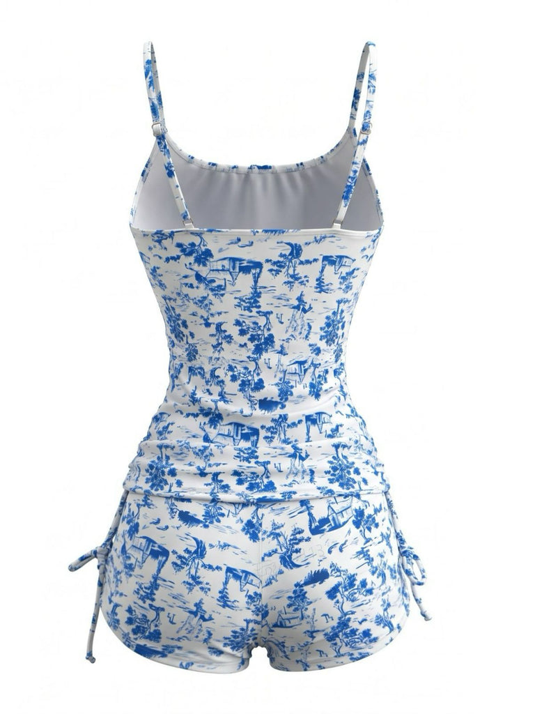 Blauer 50er Tankini & Shorts mit Plissee und hoher Taille