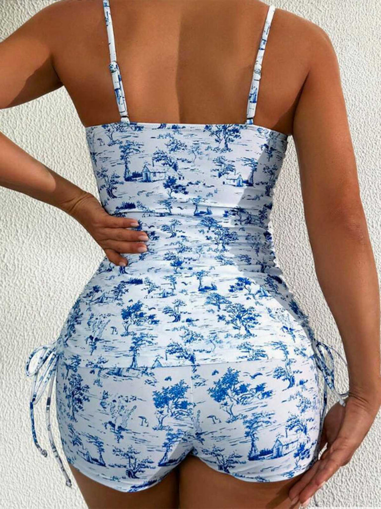 Blauer 50er Tankini & Shorts mit Plissee und hoher Taille