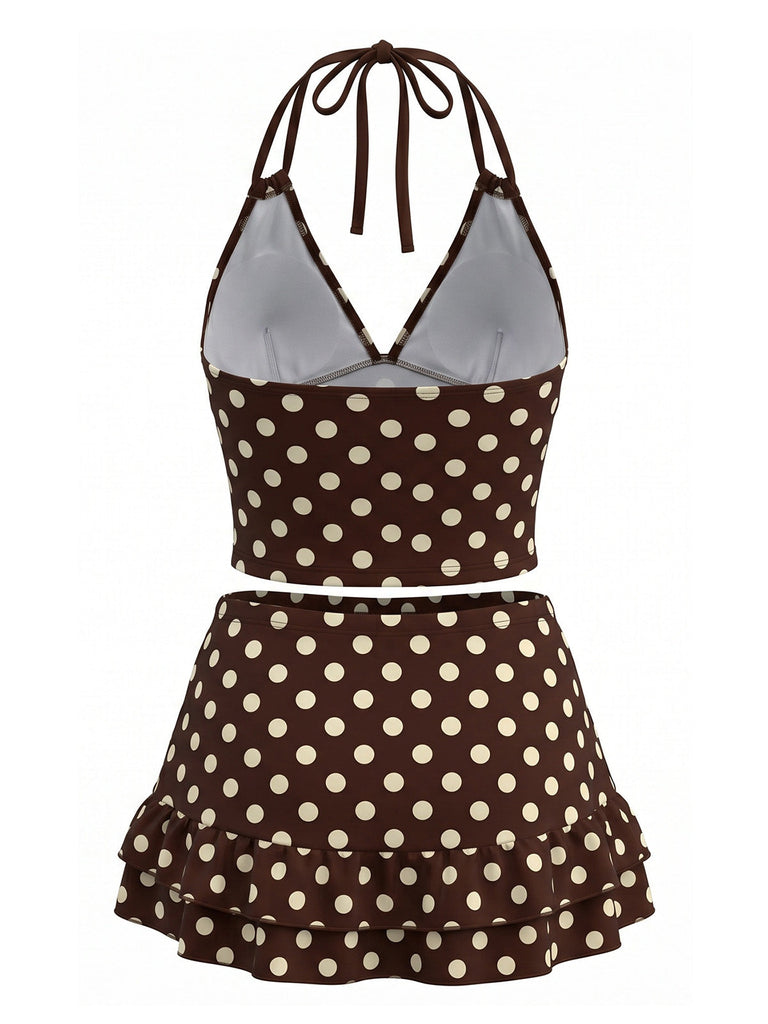 Brauner 50er Badeanzug mit Polka-Dots und Neckholder
