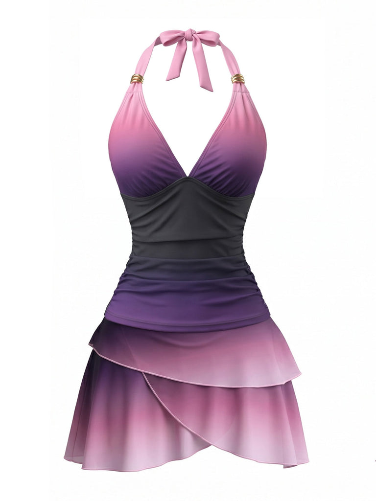 Lavendeles 80er Tankini-Set mit Neckholder und gerafft