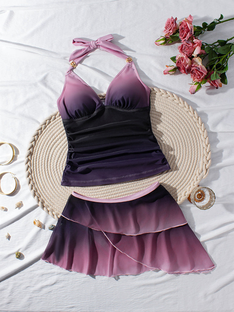Lavendeles 80er Tankini-Set mit Neckholder und gerafft