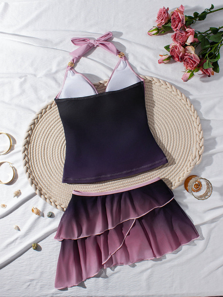Lavendeles 80er Tankini-Set mit Neckholder und gerafft