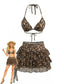 Hellbraunes 80er Leoparden-Bikini-Set mit Plissee-Cover-Up