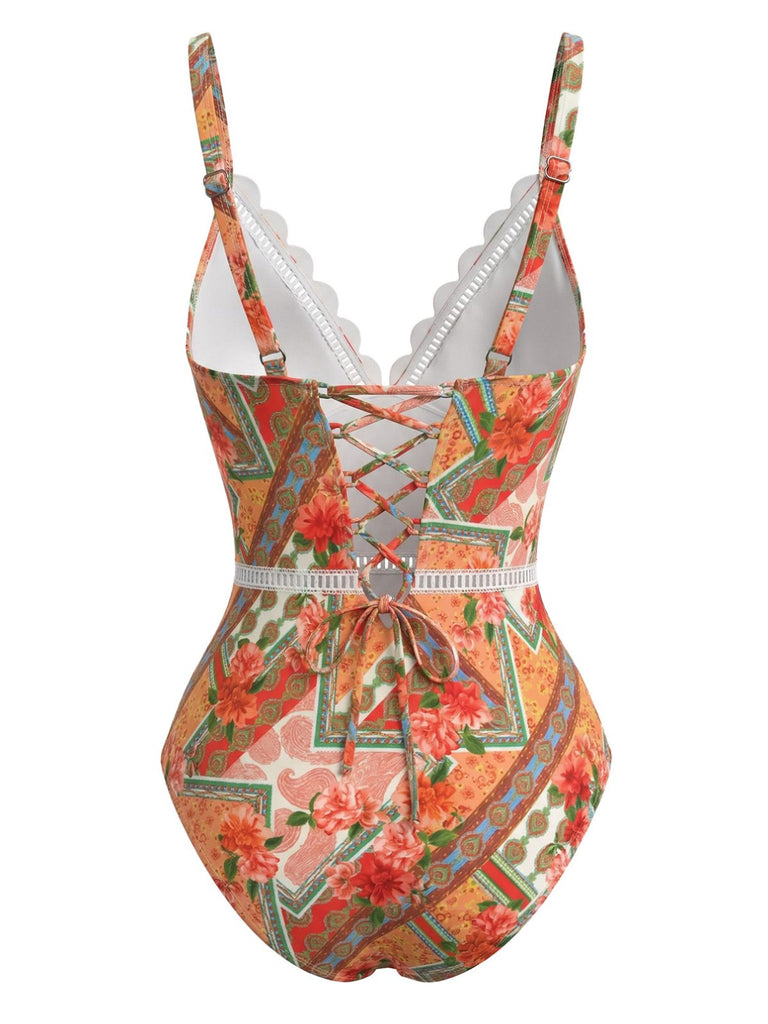 Orange 40er Badeanzug mit Blumen und Patchwork