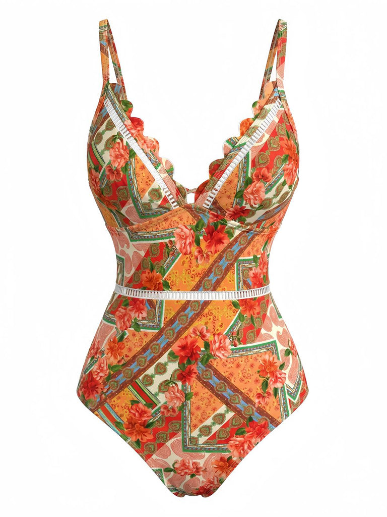 Orange 40er Badeanzug mit Blumen und Patchwork