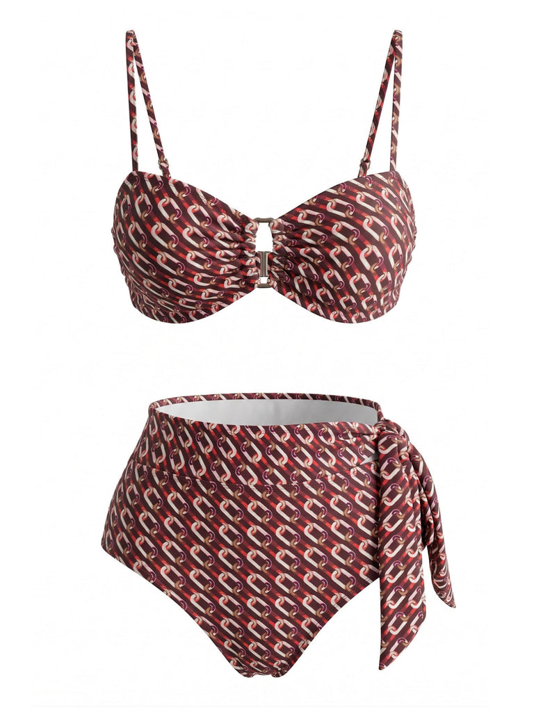 Braunes 40er Bikini-Set mit Hohe Taille und Print