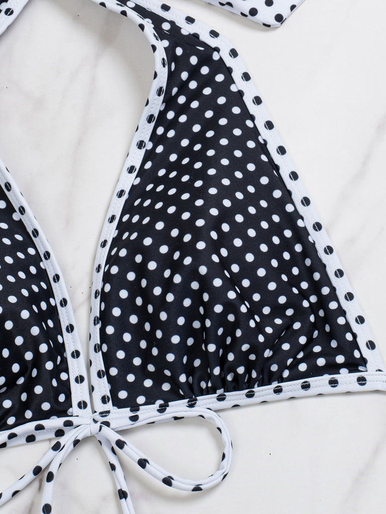 2-teiliges Schwarz 1940er Polka Dot Neckholder Bikini-Set & Überwurf