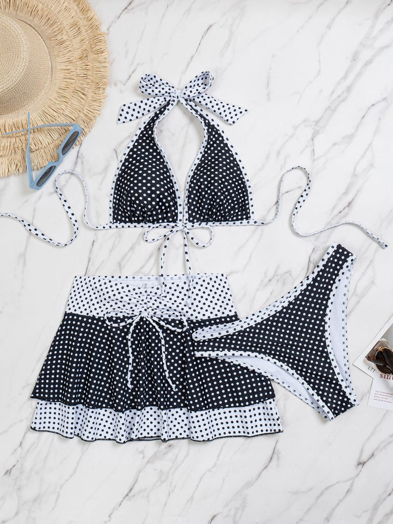 2-teiliges Schwarz 1940er Polka Dot Neckholder Bikini-Set & Überwurf