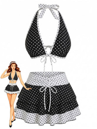 2-teiliges Schwarz 1940er Polka Dot Neckholder Bikini-Set & Überwurf