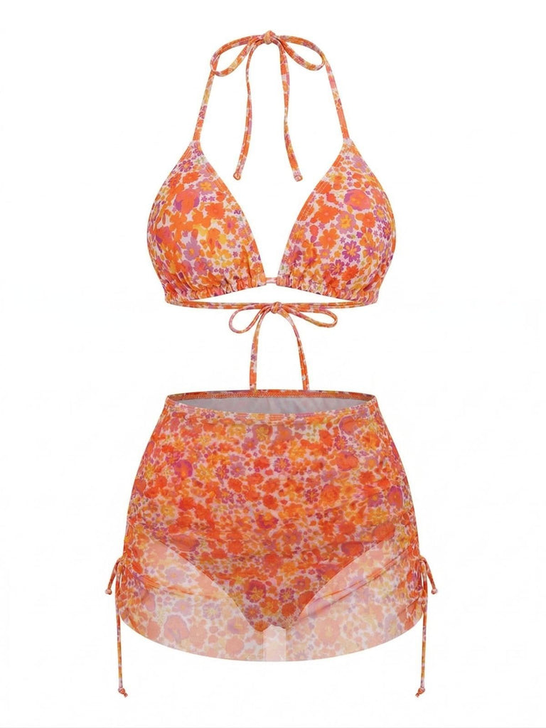 Orange 70er Bikini-Set & Cover-Up mit Neckholder und Blumen