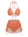 Orange 70er Bikini-Set & Cover-Up mit Neckholder und Blumen