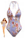 Blauer 40er Badeanzug mit Neckholder und Blumen