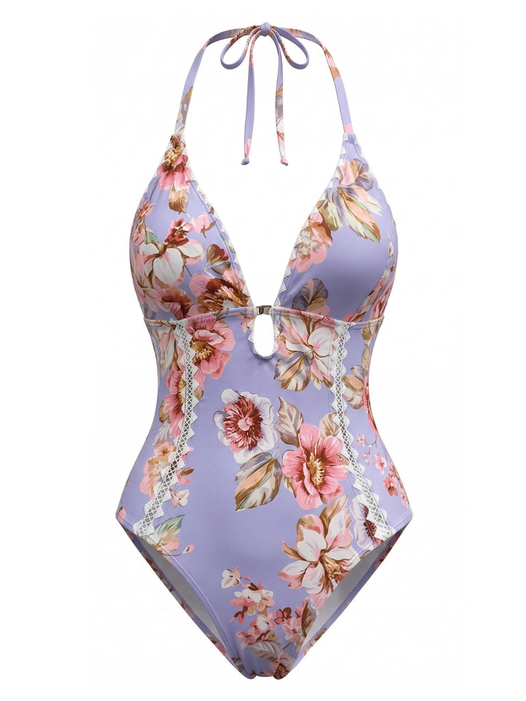Blauer 40er Badeanzug mit Neckholder und Blumen