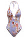 Blauer 40er Badeanzug mit Neckholder und Blumen