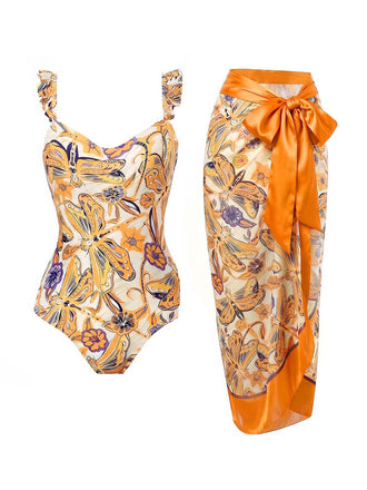 Orange 60er Badeanzug & Cover-Up mit Blumen und Libelle