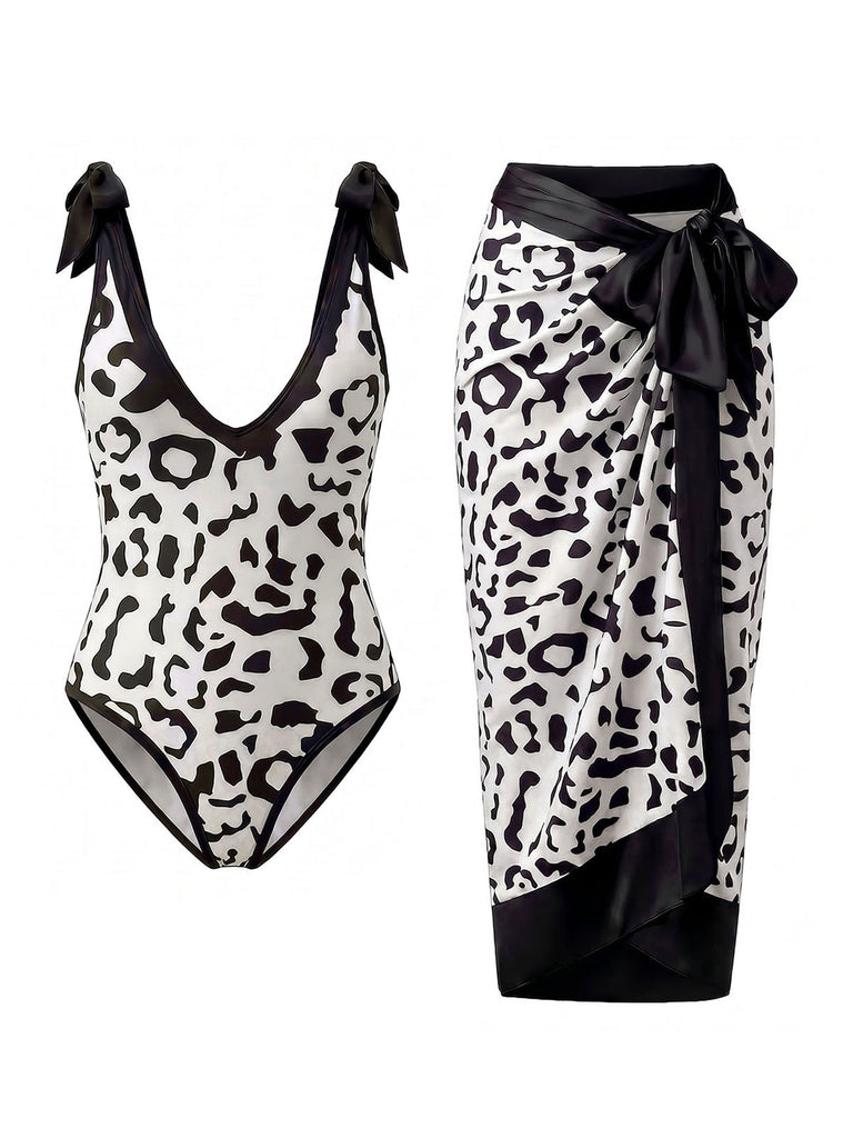 80er Badeanzug & Cover-Up mit V-Ausschnitt und Leoparden-Print