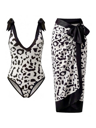 80er Badeanzug & Cover-Up mit V-Ausschnitt und Leoparden-Print