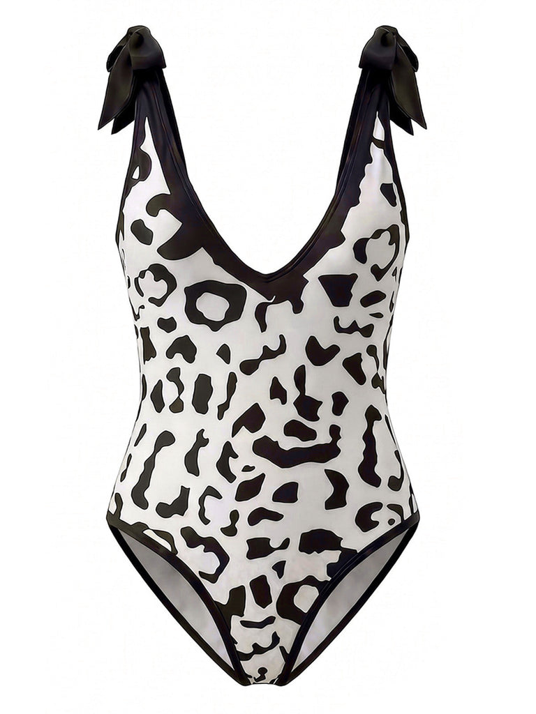 80er Badeanzug & Cover-Up mit V-Ausschnitt und Leoparden-Print