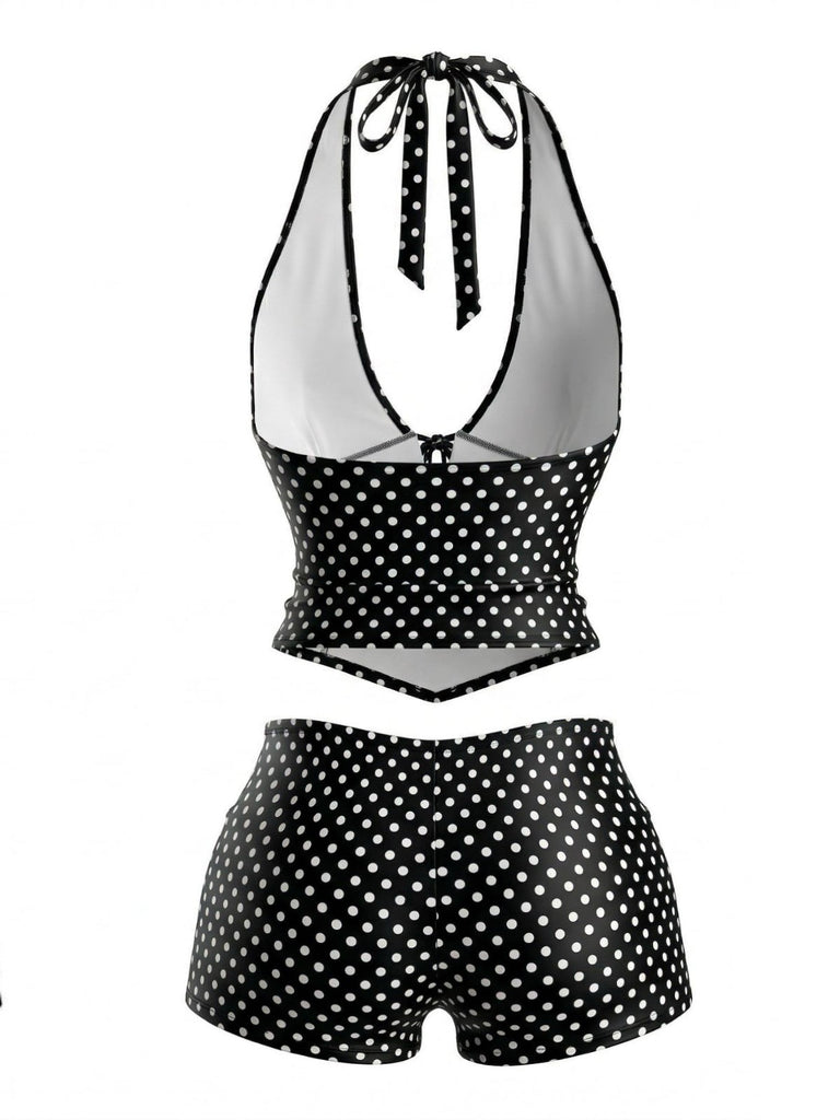 Schwarzes 60er Tankini-Set mit Polka-Dots und Neckholder