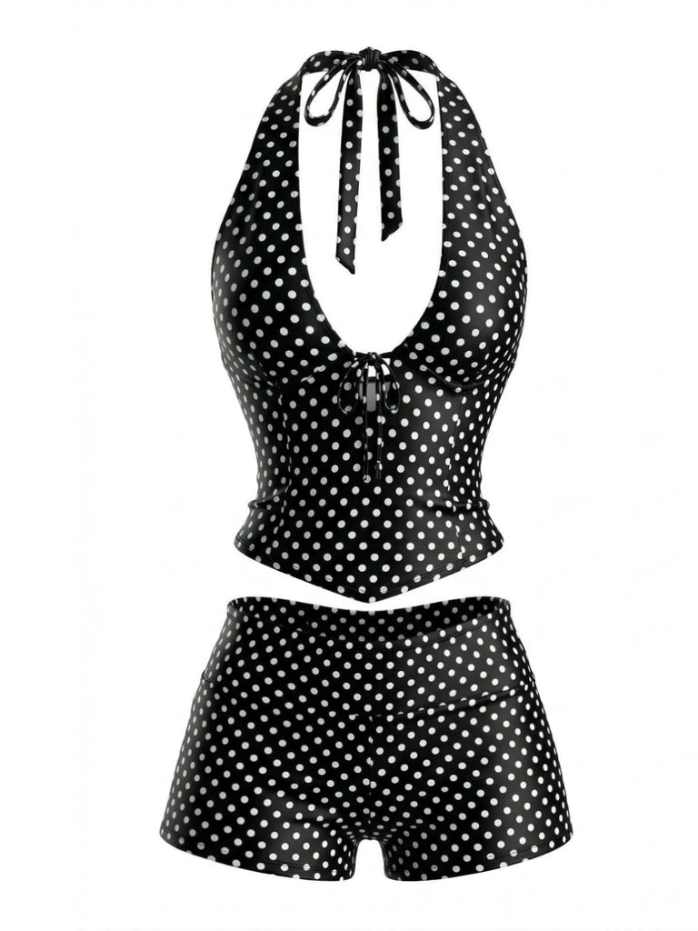 Schwarzes 60er Tankini-Set mit Polka-Dots und Neckholder