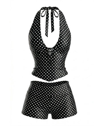 Schwarzes 60er Tankini-Set mit Polka-Dots und Neckholder