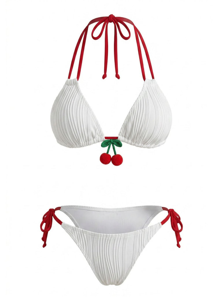 Weißes 50er Bikini-Set mit Neckholder und Kirschen