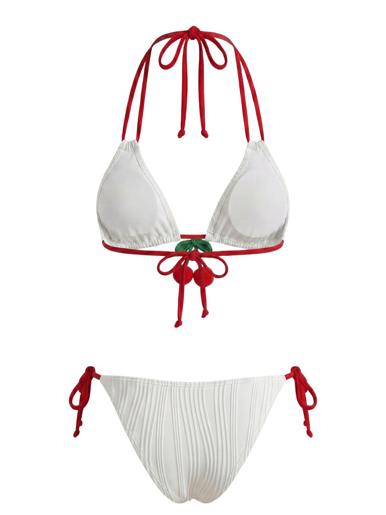 Weißes 50er Bikini-Set mit Neckholder und Kirschen