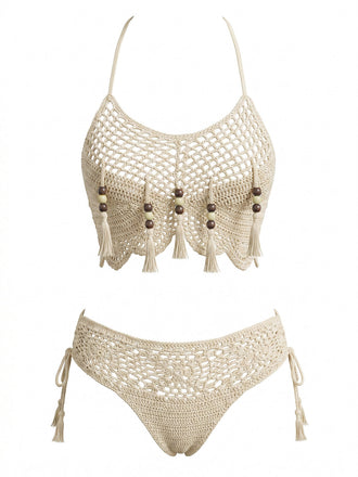 70er Bikini-Set mit Häkelarbeit und Quaste