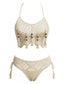 Apricot 70er Bikini-Set mit Häkelarbeit und Perlen