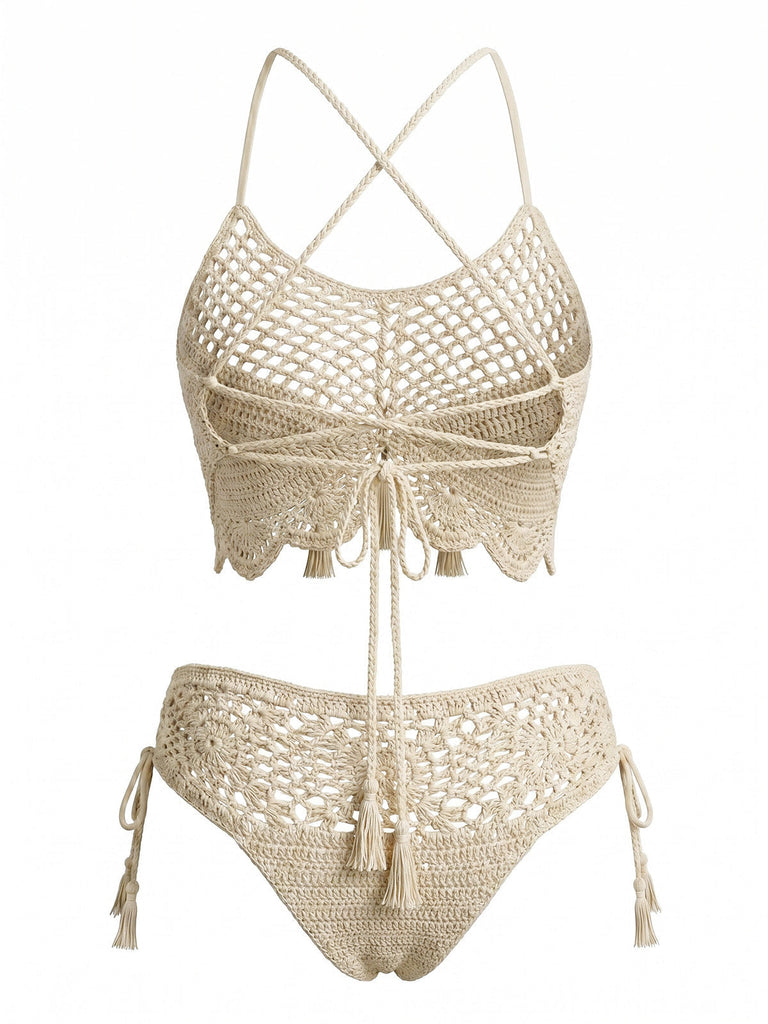 70er Bikini-Set mit Häkelarbeit und Quaste