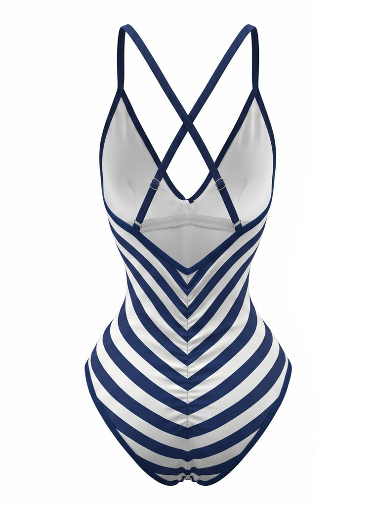 Marineblauer 80er Badeanzug mit Streifen und Criss