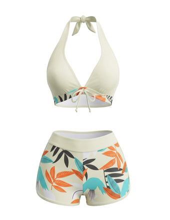Hellgelbes 50er Bikini-Set mit Blätter-Print und Neckholder