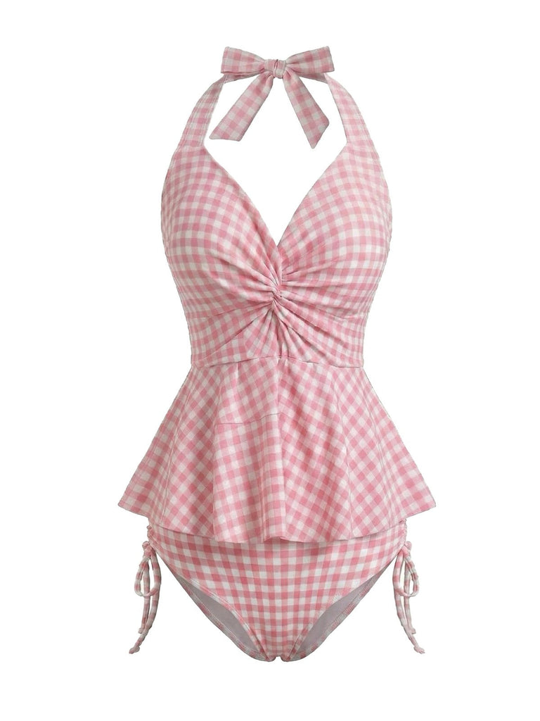 Rosa 50er Tankini-Set mit Rüschen und Neckholder