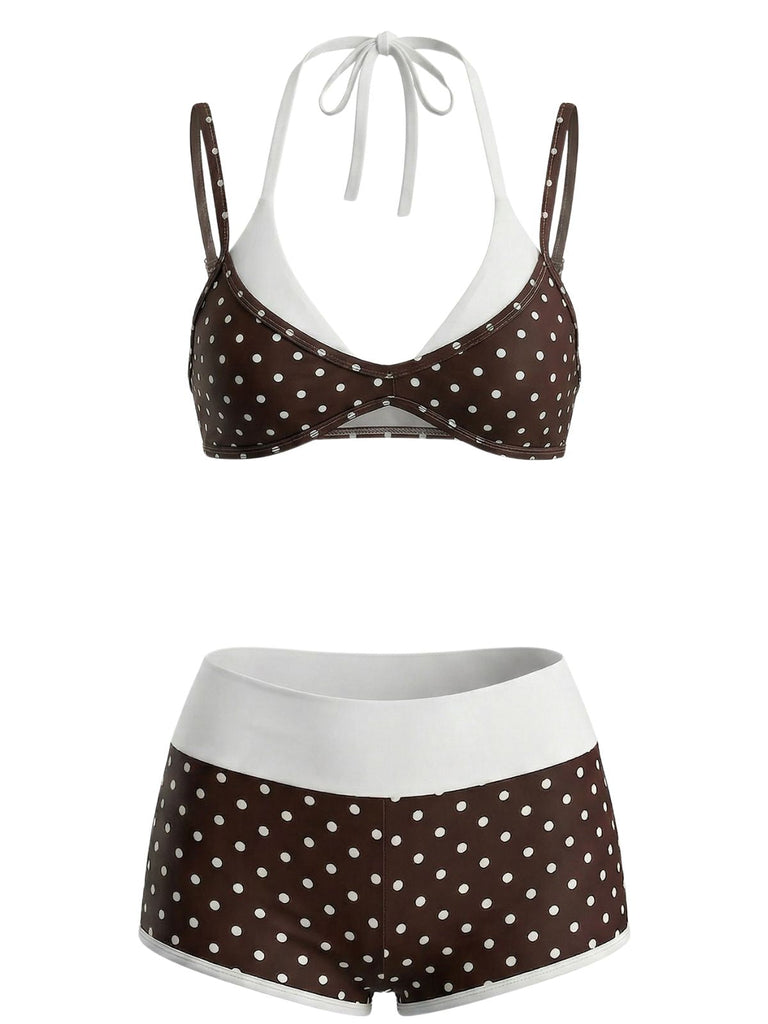 Brauner 50er Badeanzug mit Polka-Dots und Doppelt