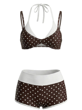 Brauner 50er Badeanzug mit Polka-Dots und Doppelt
