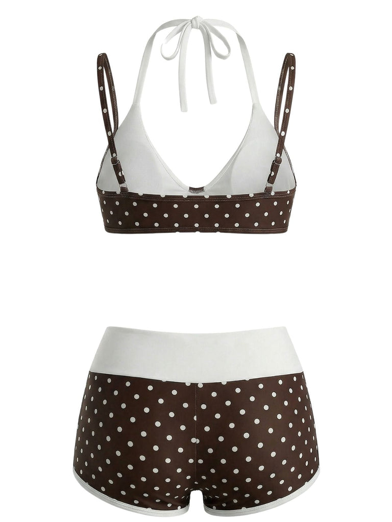 Brauner 50er Badeanzug mit Polka-Dots und Doppelt