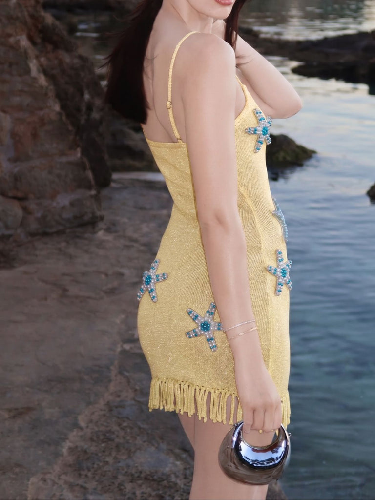 Gelb 60er Beach Strick- & Cover-Up mit Perlen
