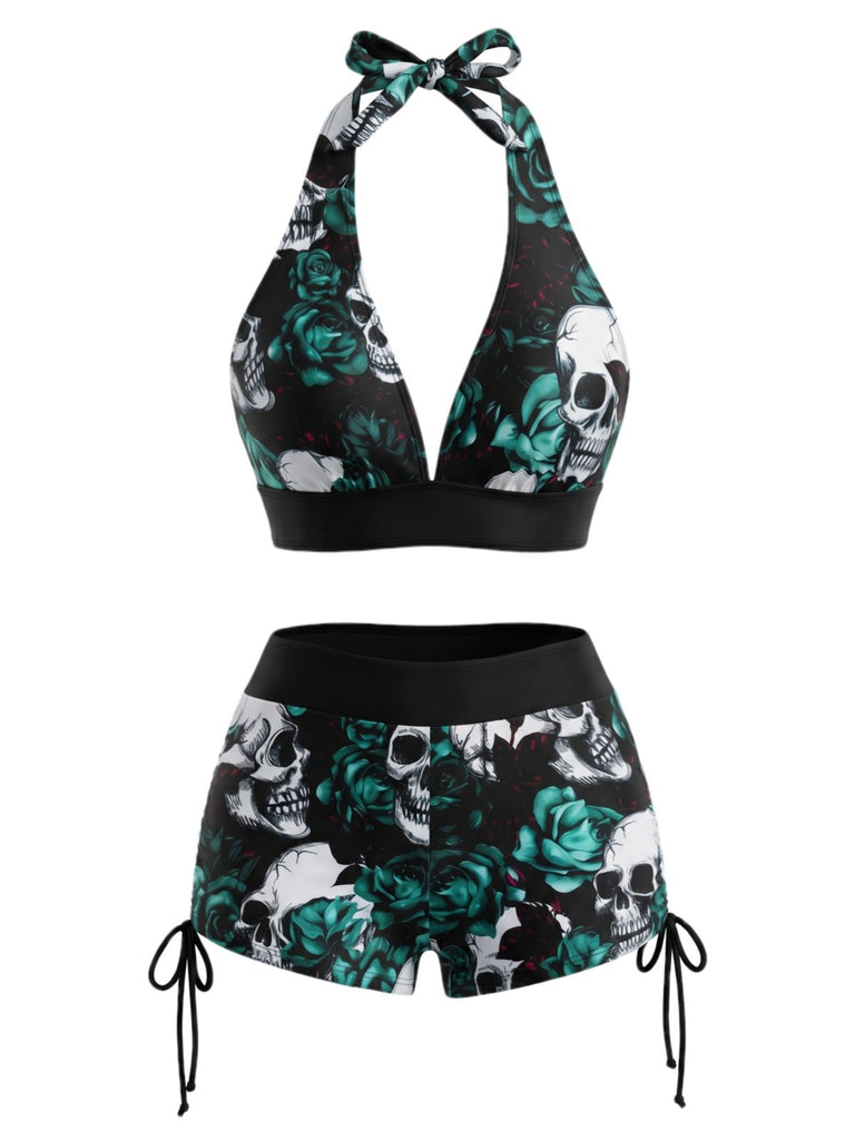 80er Bikini-Set mit Neckholder und Totenkopf