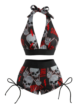 80er Bikini-Set mit Neckholder und Totenkopf