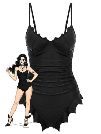Schwarzer 50er Gothic Badeanzug mit Fledermaus und Saum